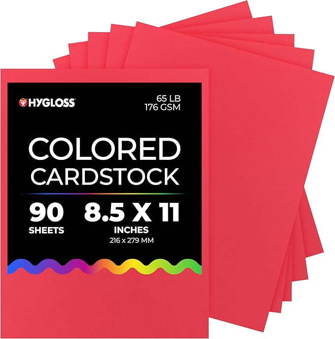Hygloss Red Bright Colored Cardstock - 8.5x11-Inch, 90 Sheets, 65 lb/ 176 gsm, Fade-Resistant, Acid-Free Color Card Stock Paper