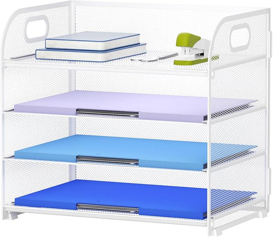 Marbrasse 4 Tier Paper Organizer Letter Tray, Mesh Desk File Organizer with Handle, Paper Sorter Organizer for Letter /A4 Office File Folder Holder（White, 12.6" x 9.1" x 10.7"）