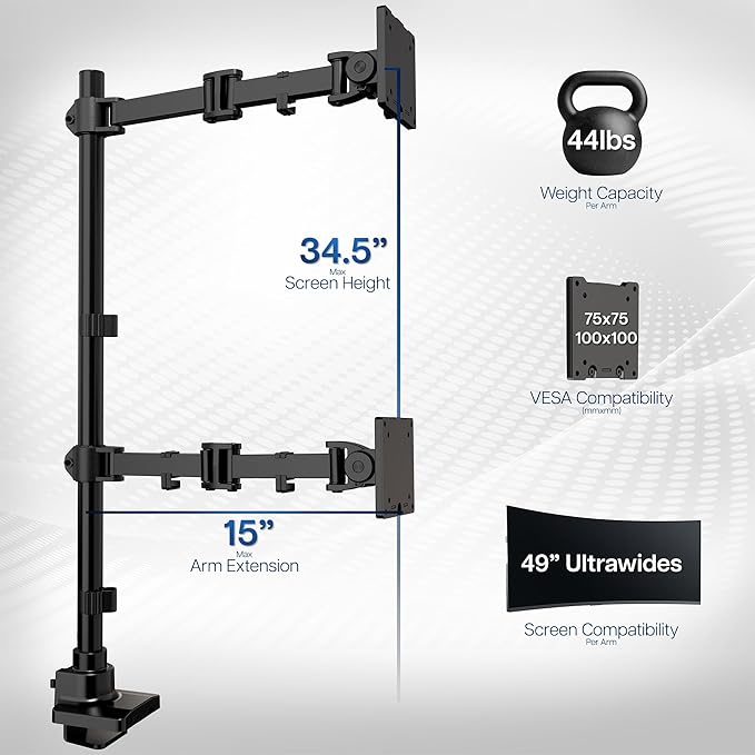 VIVO Dual Ultra-Wide Monitor Extra Tall Desk Mount for up to 49 inch Ultrawides, Clamp-on Adjustable Stand Holds 44 lbs per Screen, VESA up to 100x100mm, Black, STAND-V120T