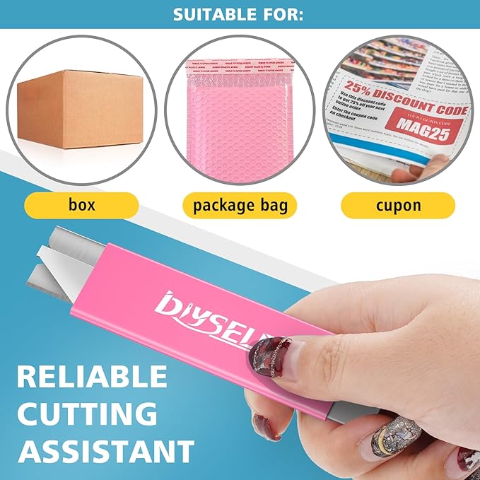 DIYSELF Utility Knife | Box Cutters | Set of 12 | Retractable Blade | All Metal Sheath | 12 Utility Knives included | Box Cutter Small | Paper Knife | Letter Openers (Pink)