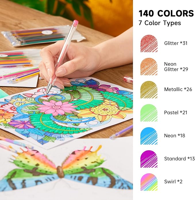 Gel Pen Refills, Shuttle Art 140 Colors (No Duplicates) Gel Pen Refills, 7 Color Types for Kids Adults Coloring Books Drawing Doodling Crafts Scrapbooking Journaling