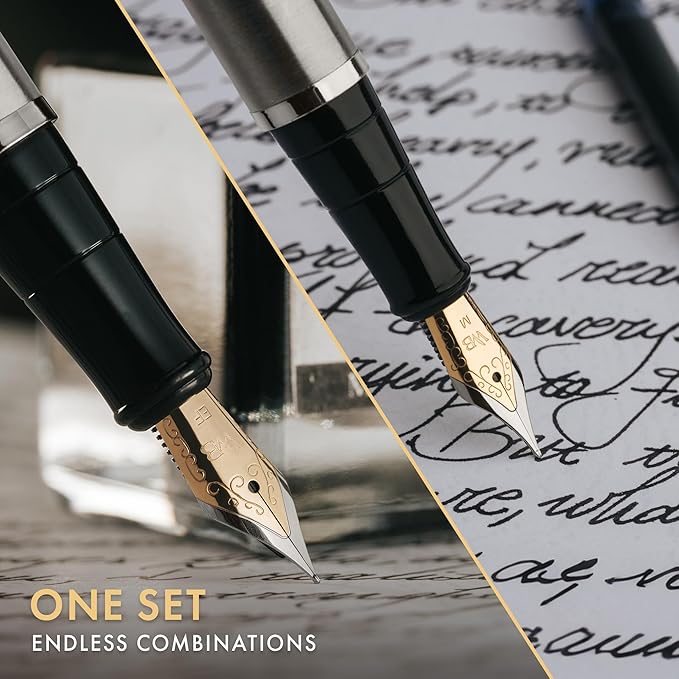 Wordsworth & Black Fountain Pen Set,18K Gilded Medium and Extra Fine Nib,25ML Black Ink Bottle,6 Ink Cartridges,Refill Converter,Gift Box,Smooth Writing Pen [Silver Chrome],Gift Set for Men and Women