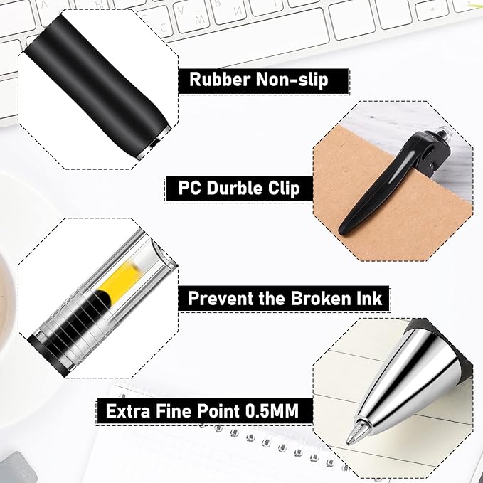 Spakon 200 Pieces Gel Pens Bulk Retractable Ink Ballpoint Pen Bulk Rolling Ball Medium Point 0.5mm Ballpoints with Soft Grip for Journal Writing Office Home(Black)