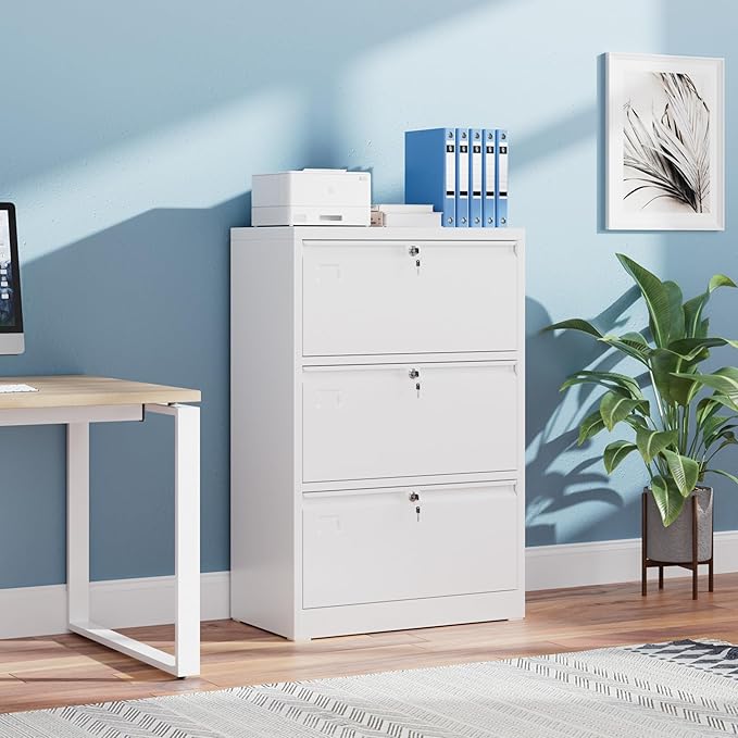 Metal 3 Drawer Lateral File Cabinet with 3 Lock - Wide Filing Cabinet for Letter/Legal/F4/A4 Hanging Files - Includes Business Card Holder,Home Office School Storage,White