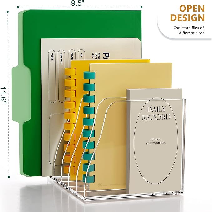 SANRUI Acrylic Desk File Organizer, 5 Vertical Compartments Clear Magazine File Holder Workspace Sorters, Folder Rack for Office Accessories Organization Storage