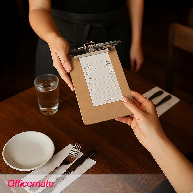 Officemate 5" x 9" Clipboard for Receipts, Low Profile Metal Clip & Pen Holder on Side, Memo Size for Restaurants, Hotels, Food Trucks, Bars, Schools, and Other Venues, 12 Clipboards (83158)