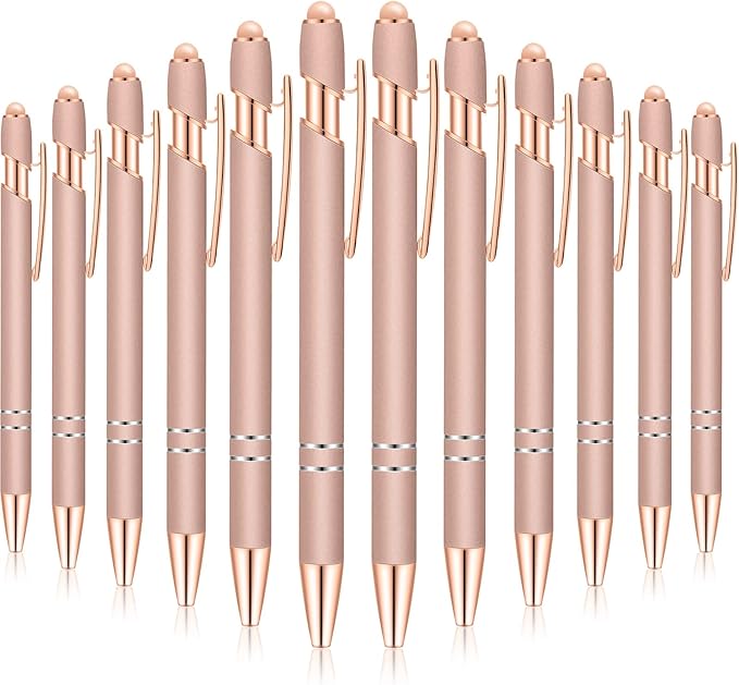 Tenare 12 Pieces 2 in 1 Stylus Metal Ballpoint Pen with Stylus Tip, 1.0 mm Black Ink Ballpoint Pen for Touch Screens(Rose Gold)