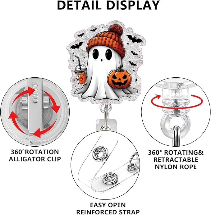 Cute Little Ghost Halloween Badge Reel Pumpkin Badge Reel Retractable with Clip Gifts for Nurse Doctor Teacher Colleague Acrylic Badge Holder with Metal Alligator Clip Design Cute Spooky Badges Holder