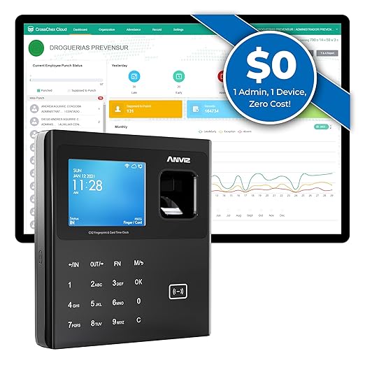 ANVIZ Time Clocks for Employees Small Business - CX2 Fingerprint Biometric Clock in and Out Machine - Forever Free Cloud Software, Black