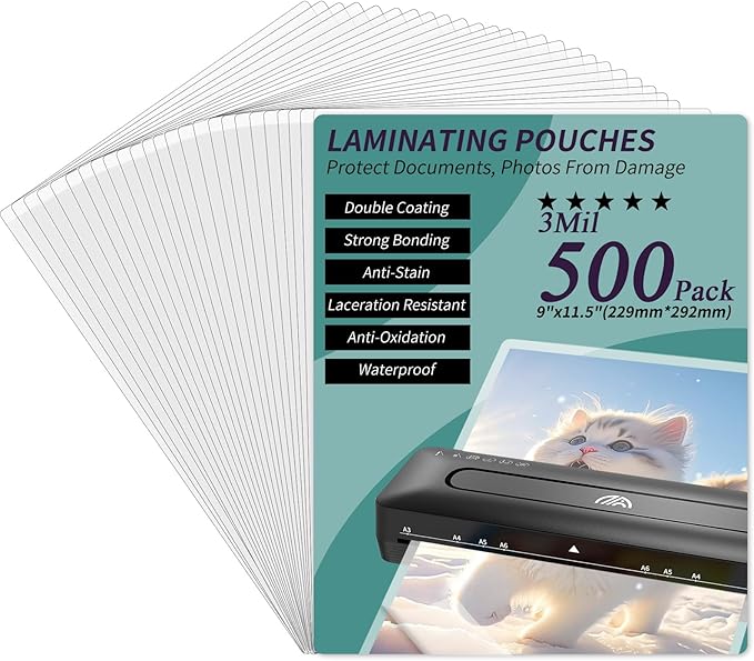 Laminating Sheets - 3Mil 500 Pack Thermal Laminating Pouches, 9"x11.5" Clear Laminate Sheets for Schedules, Menus, Certificates, Art Drawings, Round Corner