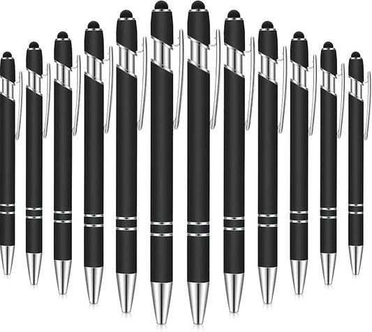 12 Pieces Ballpoint Pen with Stylus Tip, 1.0 mm Black Ink Metal Pen Stylus Pen for Touch Screens, 2 in 1 Stylus Ballpoint Pen (Black)