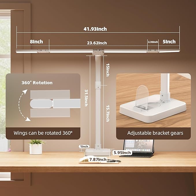 LED Desk Lamp for Home Office - 24W Bright Double Head Desk Light with Clamp Eye Caring Architect Task Light 25 Lighting Modes Adjustable Flexible Gooseneck Lamp (All White)