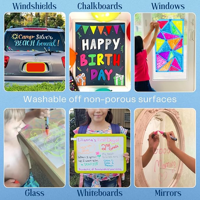 Liquid chalk markers erasable. 6 neon dry & wet erase marker pens for windows, mirrors, whiteboards, chalkboards, glass boards, auto windshields. Reversible thick and thin tip. Washable