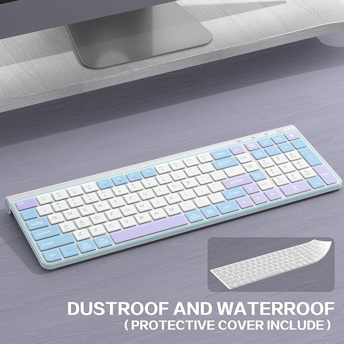 Colorful Wireless Keyboard with Low-Profile Keys-Soft Touch,Cute,Quiet Design,Windows & Mac OS，Office Cordless Slient Computer Keyboard for Desktop,Laptop, PC, Mac, Windows-Purple Blue White