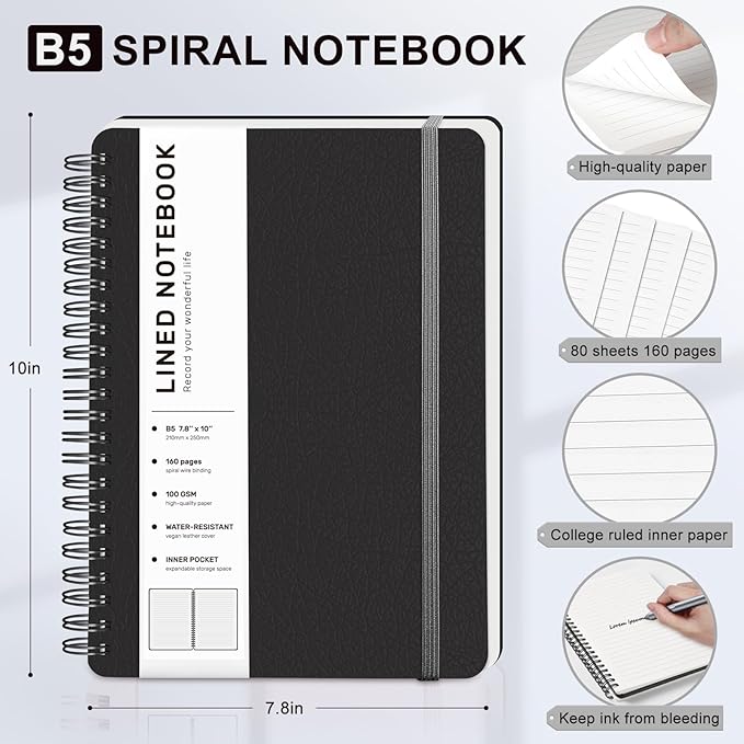 Lined Spiral Journal Notebook, B5 Hardcover Leather Notebook for Work, 7.8''×10'', 100GSM Thick Paper Spiral Bound Journaling Notebooks for Women & Men Office School Note Taking Business, Black