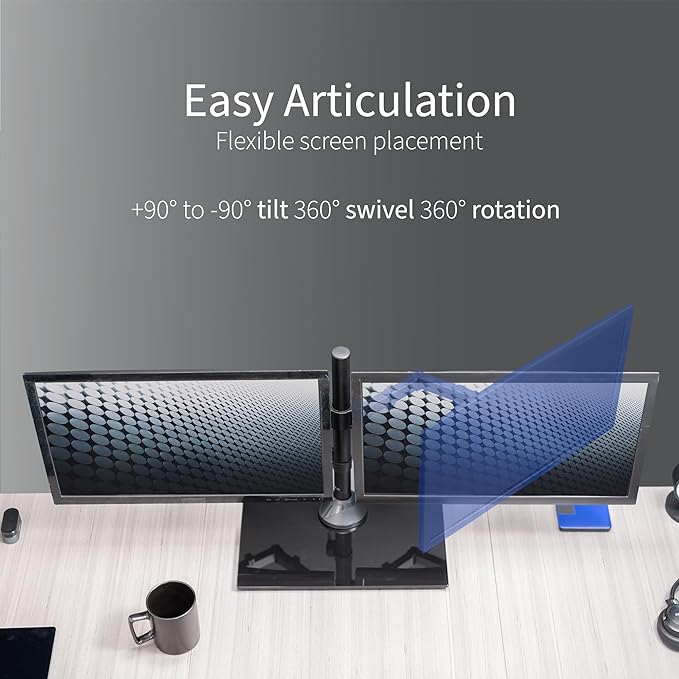 VIVO Freestanding Dual Monitor Stand with Sleek Glass Base and Adjustable Arms, Mounts 2 Screens up to 32 inch and 22 lbs Each, Black, STAND-V002FG