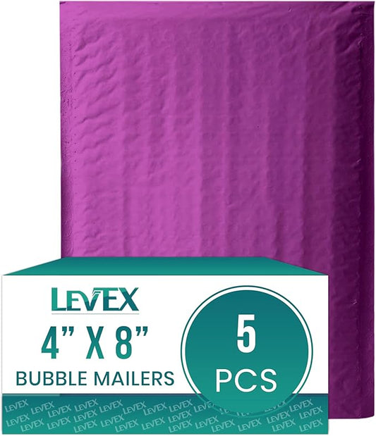 Levex - #000 4" x 8" [5 Pack] Purple Poly Bubble Mailers, Padded Envelope Mailers, Packing Envelope & Mailing Bags for Shipping