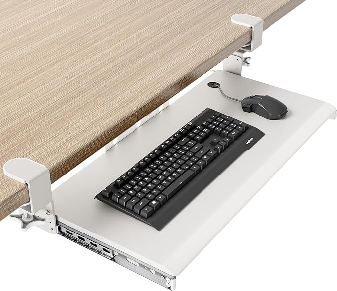 Keyboard Tray Under Desk Pull Out with Extra Sturdy C Clamp Mount System, 27.3 (32.5 inch Including Clamps) x 11 Inch Slide-Out Platform Computer Drawer for Typing White AX01WW01