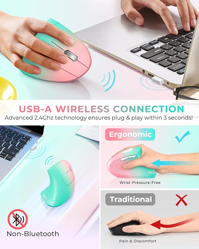 Lekvey Ergonomic Mouse, Vertical Wireless Mouse, Rechargeable 2.4G Optical Carpal Tunnel Mice with USB Receiver: 1000/1200 / 1600 DPI, 6 Buttons, for Laptop, Computer, PC, Desktop, Pink Green