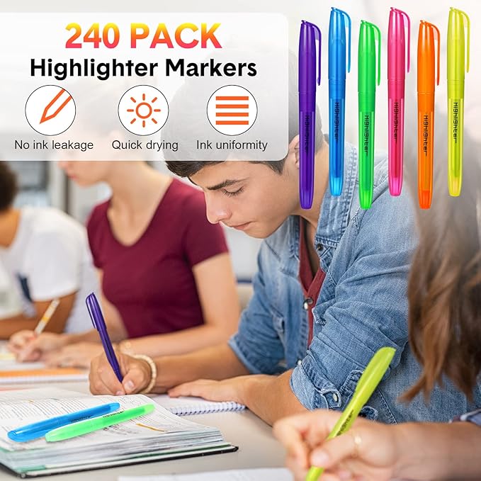 Thenshop 240 Pcs Highlighter Bulk Pack Assorted Colors Highlighter Markers Chisel Tip Fluorescent Pens for Office Classroom Back to School Supplies