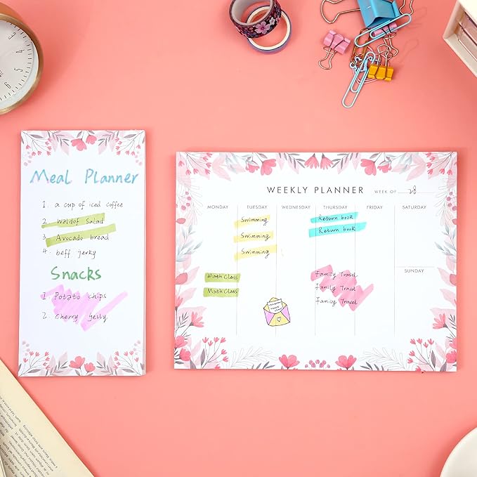 Weekly Planner Notepad Tear Off Set of 2 Weekly Calendar Pad 52 Undated To Do List Notepad Desk Planning Pads Productivity Tracker for Work School Home Goals Notes Schedule Ideas, Floral Pink