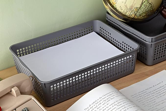 A4 Size Plastic Storage Basket,Desktop File Paper Letter Organizer Tray, 6-Packs (White+Grey)
