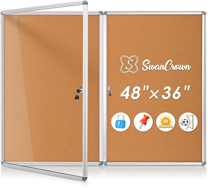 SWANCROWN Enclosed Bulletin Board 36x24 in, Tamperproof Lockable Cork Board Wall Display Case for Office School Home, Aluminum Frame, 2PCS
