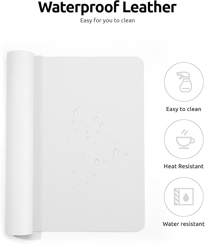 YSAGi Leather Desk Protector, Office Mat, Large Mouse Mat, Non-Slip PU Leather Blotter, Laptop Desk Pad, Waterproof Writing Pad for Office and Home (White, 35.4" x 17")