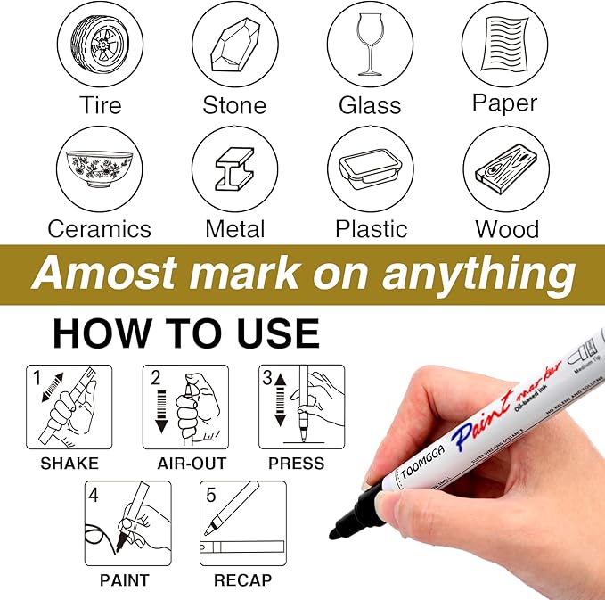 White and Black Permanent Markers Paint Pens - 12 Pack Oil Based Paint Markers, Medium Tip, Quick Drying Pens for Wood, Metal, Rock Painting, Mugs, Canvas, Clothes, Plastic Marking