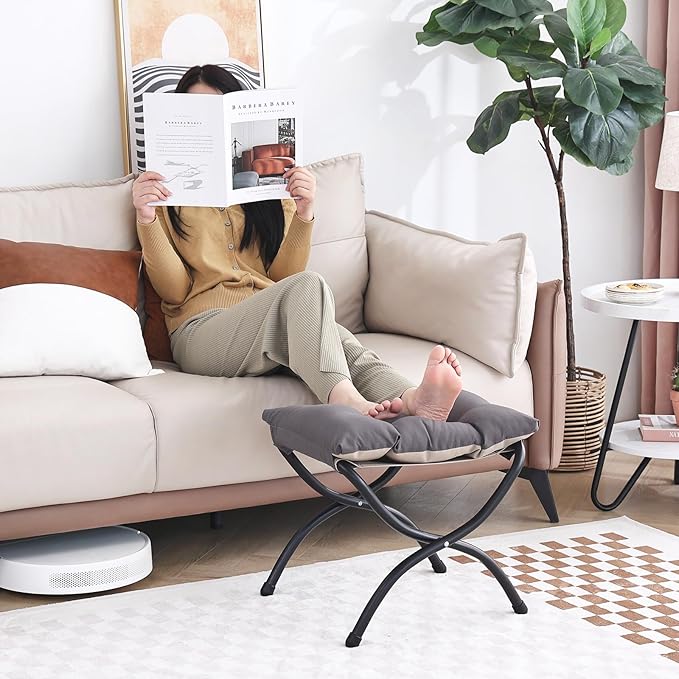 LITA Folding Upholstered Footrest Stool, Modern Small Portable Accent Ottoman with Detachable Thick Cotton Cushion Padded Sofa Stool with Metal Frame for Lazy Chair, Living Room & Bedroom, Dark Grey