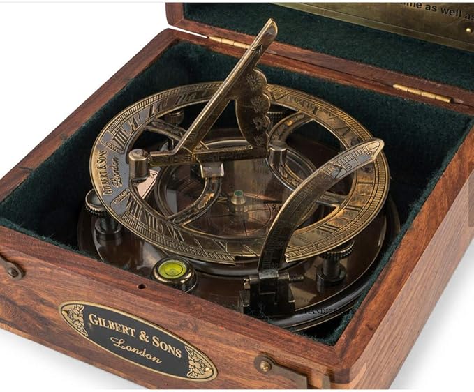 Top Grade 5-Inch Sundial Compass – Vintage Nautical Marine Compass with Wooden Box – Antique Brass Sun Clock for Decoration, Navigation, Gifts – Ship Replica Maritime Compass