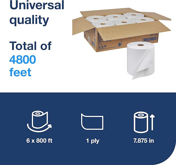 Tork Universal Hand Towel Roll White, Compatible with H21 Dispensers, 100% Recycled Fiber 6 Rolls x 800 Ft (RB8002)