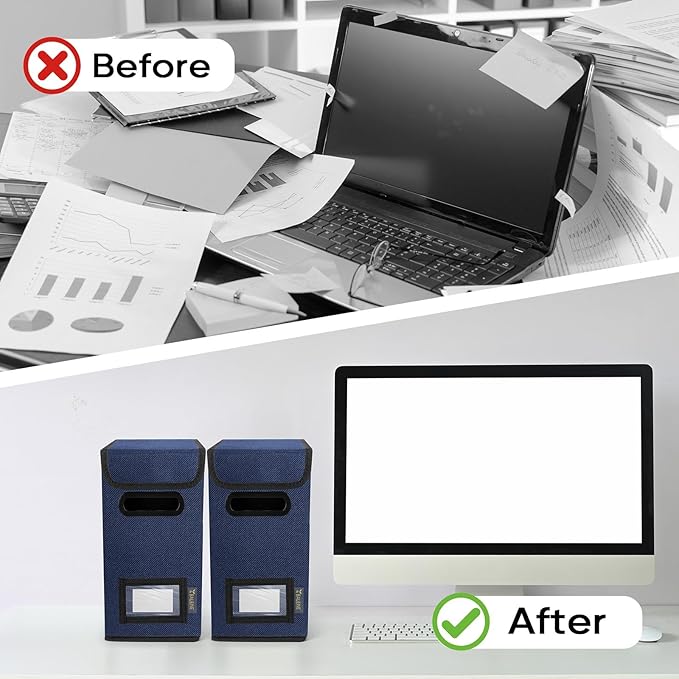 BALEINE File Organizer Box with Lid, Collapsible File Folder Organizer with Plastic Slide, Hanging File Folder Box for Office Document Storage (2 Pack, Blue, S)