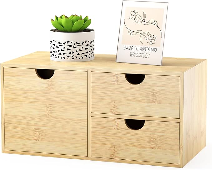 Desk Organizer With Drawers - Bamboo Wood Desktop Mail Organizer Storage Box for Office Home Bathroom Vanity Dresser Top, No Assembly Required (3 Drawer with Big Drawer)