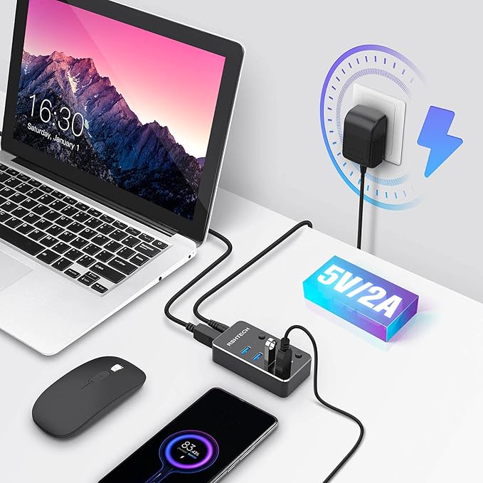 USB 3.0 Hub RSHTECH 4 Port Powered USB 3.0/USB C Hub Upgraded Version with 2-in-1 3.3ft USB Cable,5V Power Adapter and Individual Switches, Portable Aluminum USB Splitter for Laptop and PC, RSH-ST04