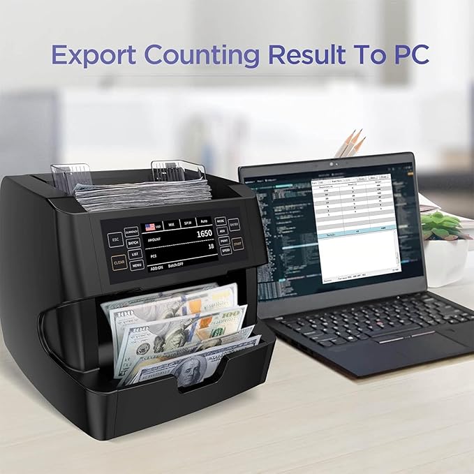 NUCOUN VC-3 Money Counter Machine Mixed Denomination, Value Counting, CIS/UV/IR/MG/MT Counterfeit Detection, USD/Euro/CAD/MXN, Printer Enabled Bill Cash Counter for Business