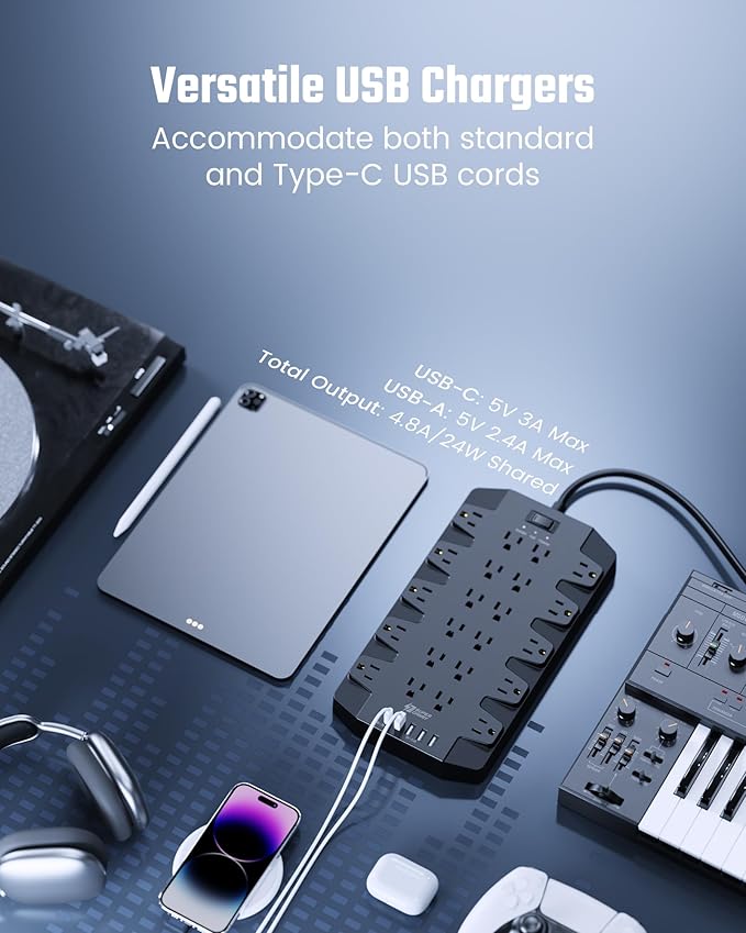 Power Strip, SUPERDANNY Surge Protector with 22 AC Outlets, 2 USB-C and 4 USB Ports, 1875W/15A, 2100J, 6.5Ft Extension Cord Surge Protector Power Strip with Wall Mount Holes for Home, Office, Dorm