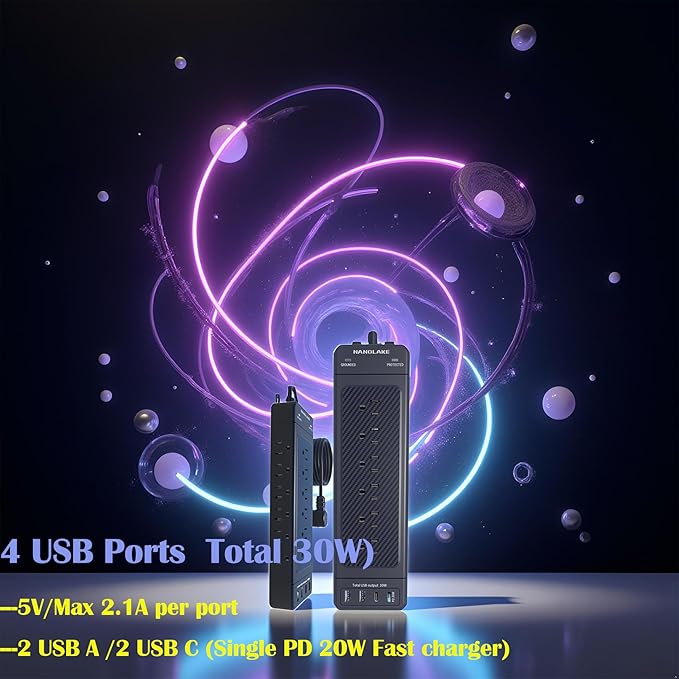 Surge Protector Power Strip Heavy Duty 10 ft Cord High Joules Protection (4800J)/18AC outlets/USBs (2A+2C PD20W)/1875W/15A,Flat Plug,Commercial,Industrial,Office,Home,College,Black,Insurance Coverage