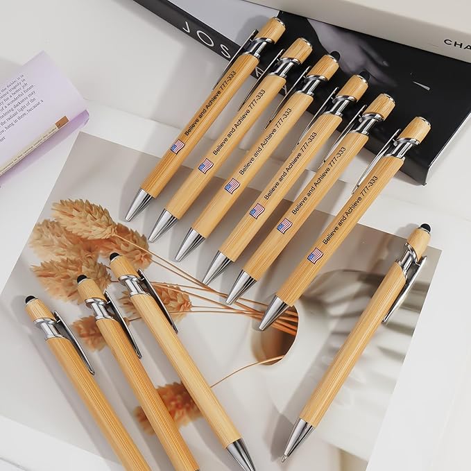 Personalized Pen Bamboo Pen with Stylus -Customizable Text Logo Name, Ballpoint Pens with Black Ink, Personalized Gift Ideas for Office School Business Home(30 Count/Pack)