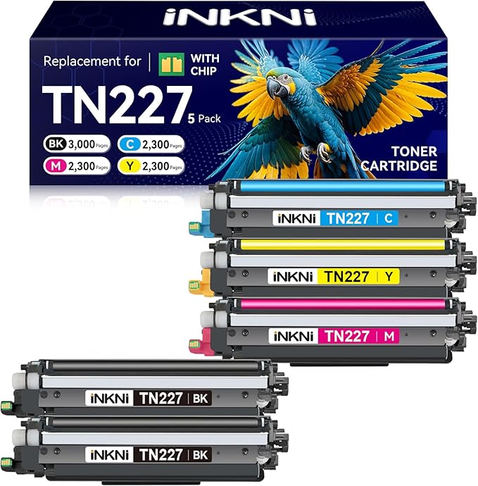 TN227 tn-227bk/c/m/y high Yield Toner Cartridge 5 Pack(with chip) Compatible Replacement for Brother tn227 tn227bk tn223 Toner for HL-L3270CDW MFC-L3770CDW MFC-L3710CW HL-L3290CDW MFC-L3750CDW Prints