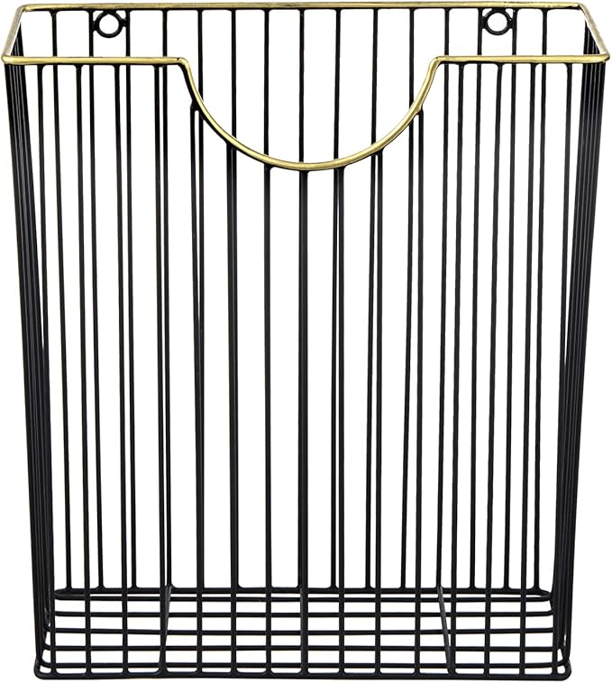 MyGift Art Deco Style Matte Black Metal Wire Magazine Rack with Brass Tone Rim - Wall Mounted Holder Storage Basket for Mail - Handcrafted in India