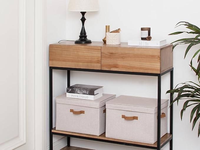 StorageWorks Fabric Storage Bins with Lid, Decorative Storage Boxes for Shelves, Stackable Closet Organizer Basket with Handles, Jumbo, Brown and Beige, 2-Pack