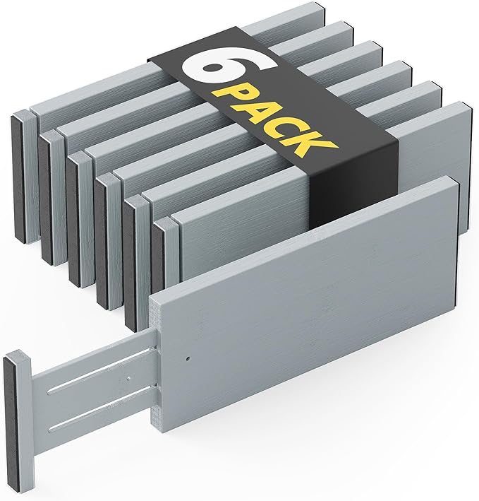 SpaceAid Bamboo Dresser Drawer Dividers 6 Pack, 4.65“ High Adjustable 12.5“-17” Drawer Organizers, Expandable Organization for Clothing, Clothes, Dressers, Gray