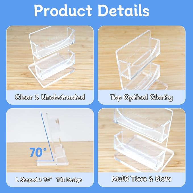 Acrylic Business Card Holder 2-Tier for Desk - Office & Exhibition Clear Business Card Display Stand, Business Card Organizer with 2 Slots, Holds Up to 130 Cards