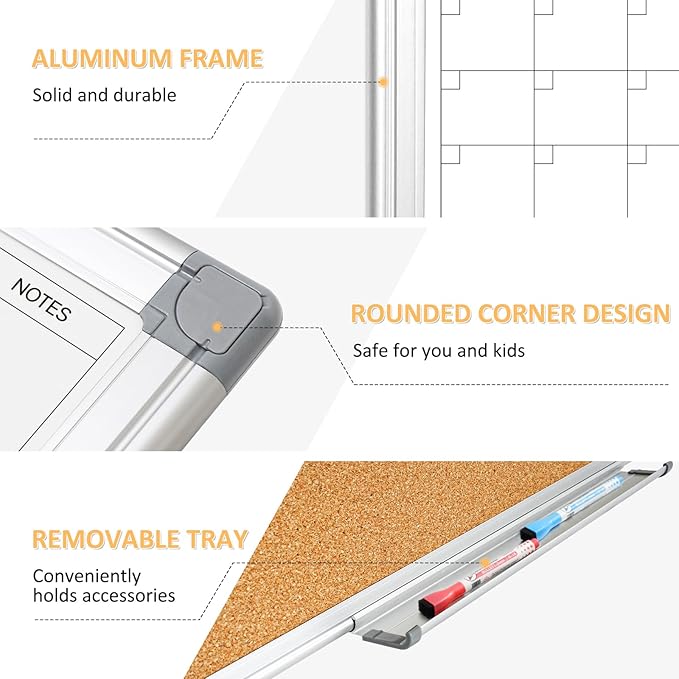 Large Dry Erase Calendar for Wall, 36"x24" Double-Sided Magnetic Whiteboard Calendar with Cork Board, Aluminum Frame Monthly White Board Memo Message Board for Office, Home, School, Kitchen