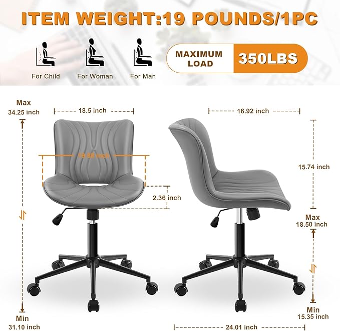 Office Chair, Armless Desk Chair with Wheels, Ergonomic Comfy Home Office Computer Task Chairs, Faux Leather Padded Cute Vanity Chair, Adjustable Height Swivel Chair with Back,Gray