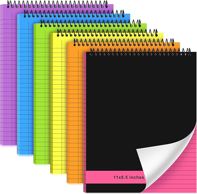 6 Pcs Legal Pad Top Spiral Bound Notebook 70 Sheets Wirebound Notepad Double Sided Ruled Memo Steno Book with Stiff Back Cover for Business(8.5 x 11 Inches,No Holes,Bright Colors)