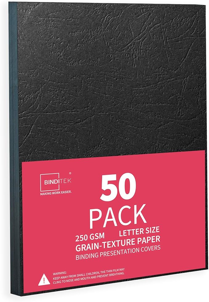 Binditek 50 Pack 13 Mil Grain-Texture Paper Binding Presentation Covers, 8.5 x 11 Inches, 90lb, 250 GSM, Un-Punched, Letter Size, Black, Office Supplies