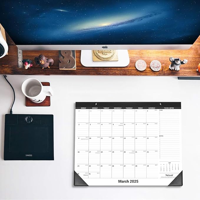 Nekmit Desk Calendar 2025-2026, Yearly Monthly Desk Pad Calendar for Planning, Ruled Blocks, July 2025 - June 2026, 14" x 11", Black