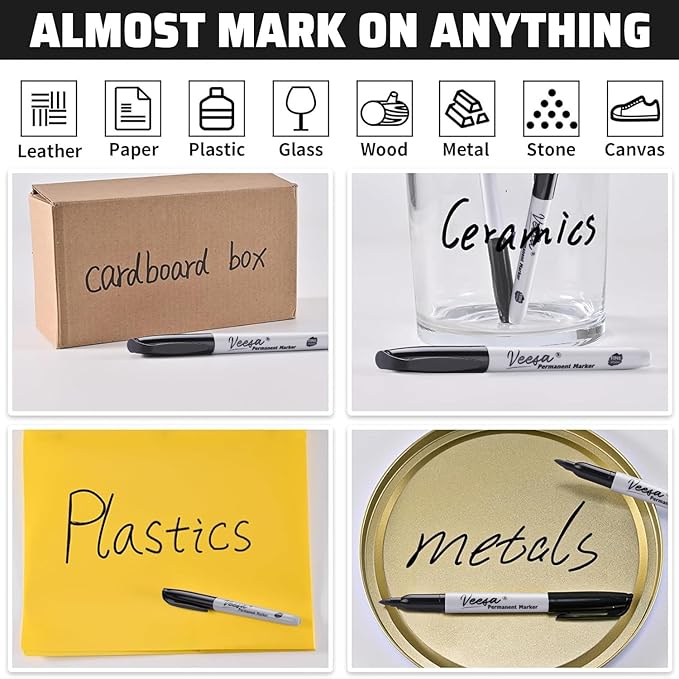 Permanent Markers Bulk, 75 Pack Black Fine Tip Permanent Marker Set - Waterproof | Quick Drying | Fade Resistant - Marks on Paper, Glass, Ceramic, Plastic, Wood, Rock, Metal